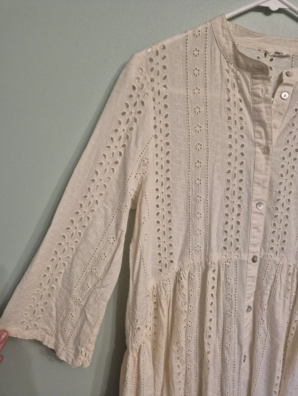 Only Women's Boho Babydoll Cottagecore Cream Eyelet Button Down Dress Size Small - Picture 3 of 8